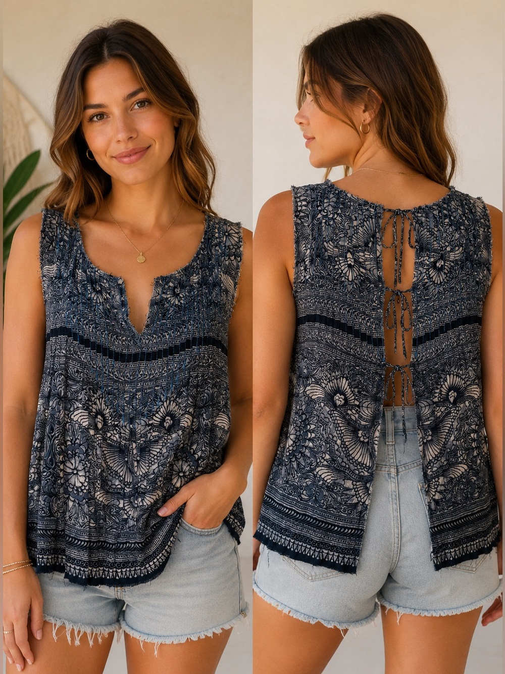 Free People Boho Top Medium Blue Festival Split Back Tank Casual Beach Weekend